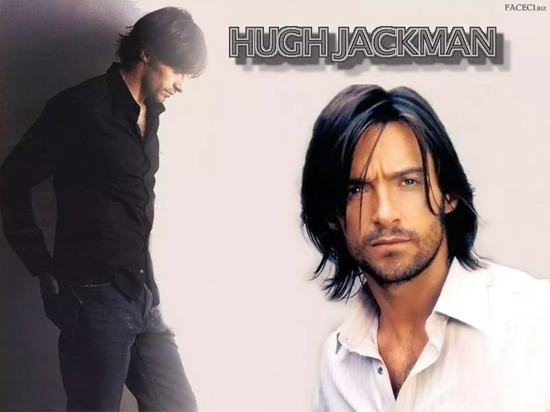 długie włosy, Hugh Jackman, biała koszula